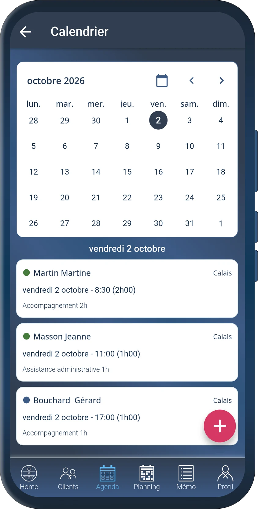 Calendrier mensuel et liste des interventions du jour