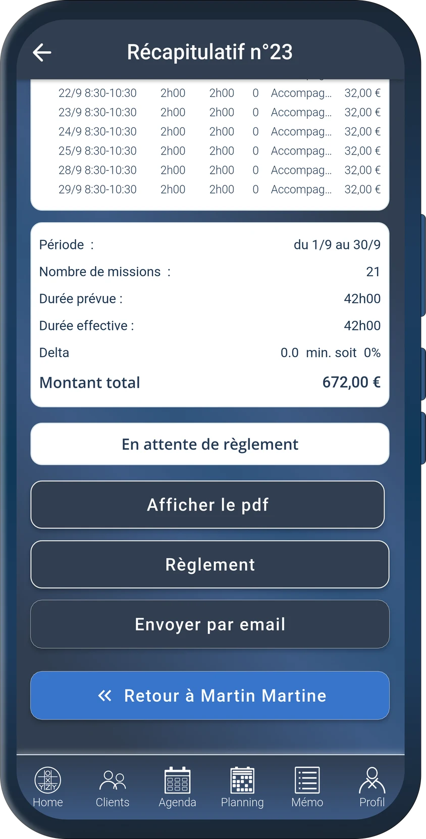 Récapitulatif d’interventions avec montant total et suivi du règlement